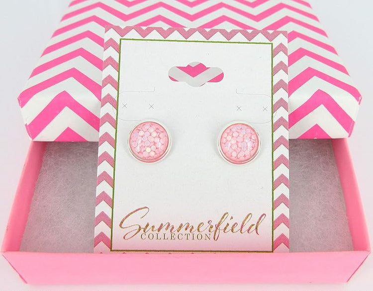 Summerfield Collection Shiny Silver-tone Iridescent Glitter Resin Stud Earrings 10mm (Light Pink)