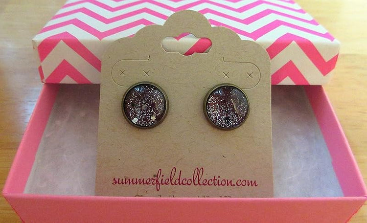 Summerfield Collection Antiqued Gold-tone Black Hole Glitter Glass Galaxy Stud Earrings Hand-painted 12mm