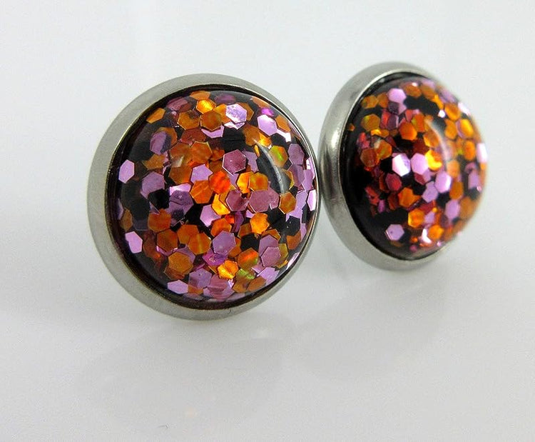 Summerfield Collection Stainless Steel Halloween Glitter Resin Stud Earrings 12mm Purple Orange Black