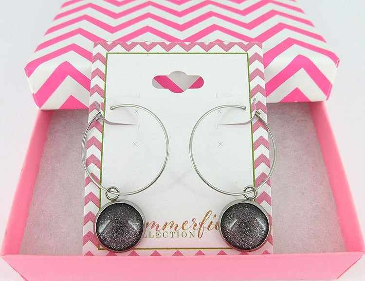 Summerfield Collection Stainless Steel Charcoal Gray Glitter Glass Charm Hoop Earrings Hand-painted 1"