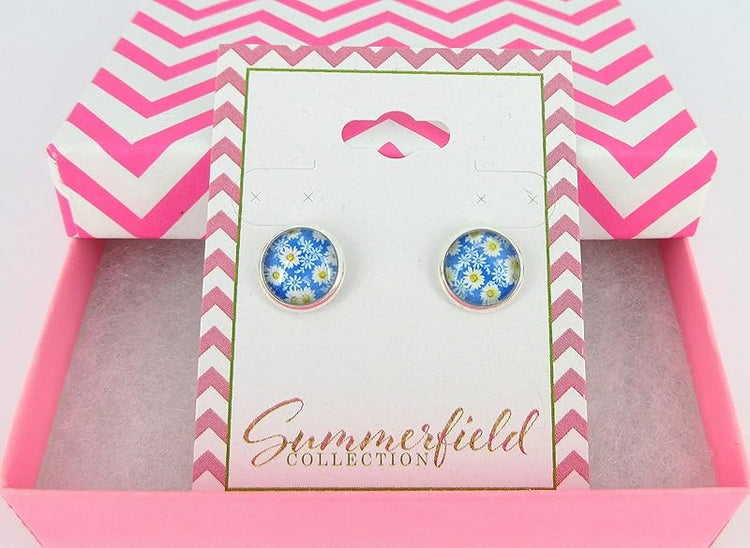 Summerfield Collection Silver-tone Daisy Flower Print Glass Stud Earrings 10mm