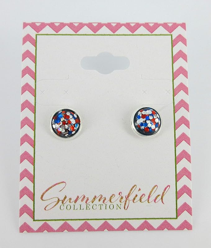 Summerfield Collection Silver-tone Patriotic Glitter Resin Stud Earrings Red Blue USA (8mm)