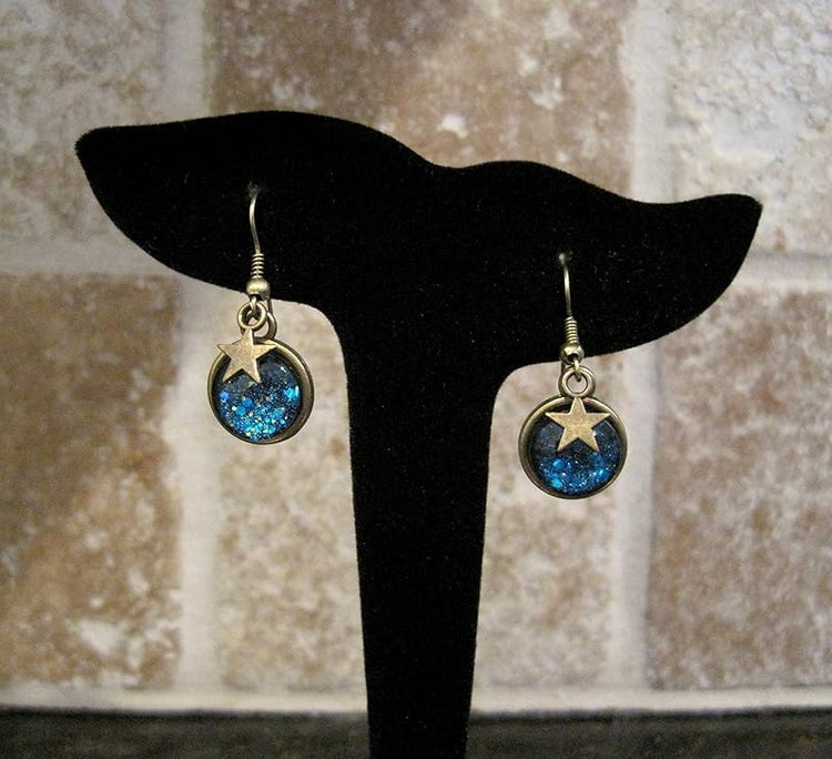 Summerfield Collection Antiqued Gold-tone Ocean Blue Glitter Glass Star Charm Galaxy Dangle Earrings Hand-painted