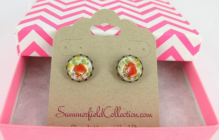 Summerfield Collection Antiqued Gold-tone Floral Print Stud Earrings 12mm (White)