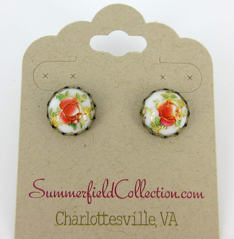 Summerfield Collection Antiqued Gold-tone Floral Print Stud Earrings 12mm (White)