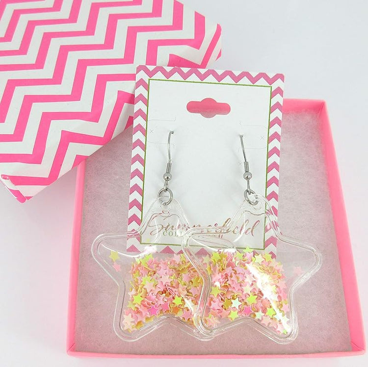 Summerfield Collection Confetti Glitter Shaker Large Star Dangle Earrings Stainless Steel (Pink/Yellow)