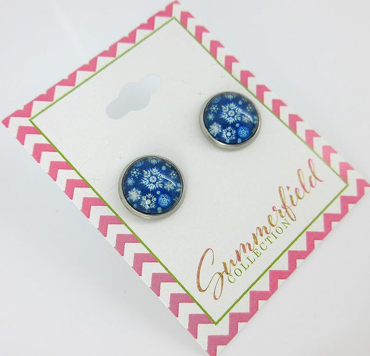 Summerfield Collection Stainless Steel Snowflake Print Glass Stud Earrings 12mm