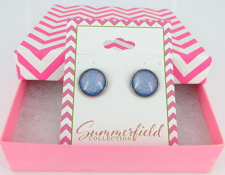 Summerfield Collection Stainless Steel Sky Blue and Rainbow Glitter Flake Glass Stud Earrings Hand-painted (12mm)