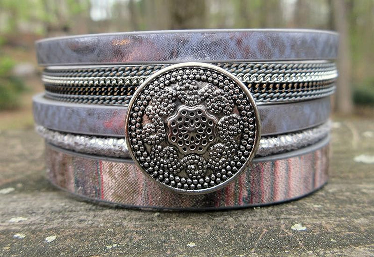 Summerfield Collection Interchangeable Snap Bracelet 3 Charm Set Purple Glitter Glass Layered Leather
