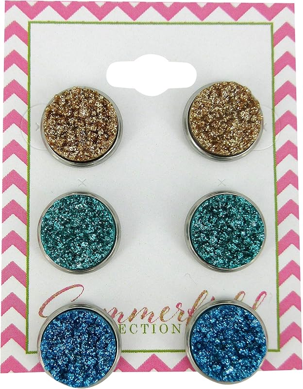 Summerfield Collection Trio Stainless Steel Glitter Faux Druzy Stone Stud Earrings Set (Ocean Blue/Teal/Gold)
