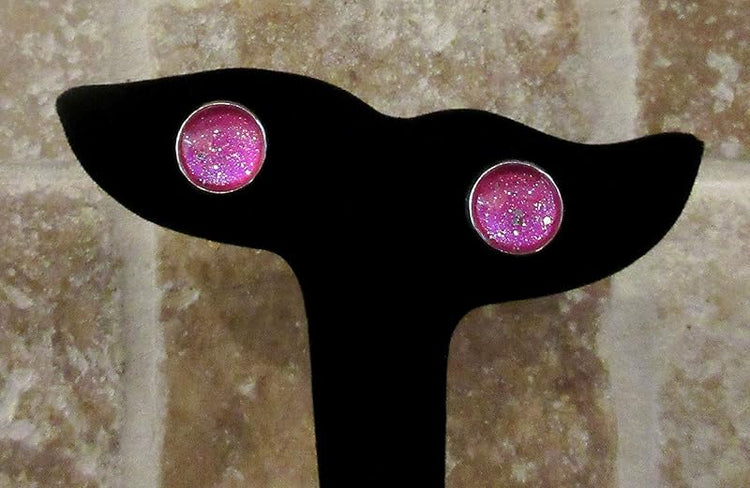 Summerfield Collection Silver-tone Twinkle Glitter Glass Galaxy Stud Earrings Hand-painted 12mm (Magenta Pink)