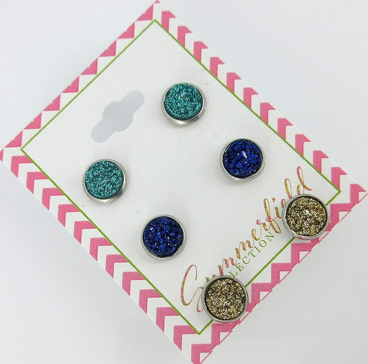 Summerfield Collection Trio Stainless Steel Ocean Blues Faux Glitter Druzy Stone 8mm Stud Earrings Set Teal Cobalt