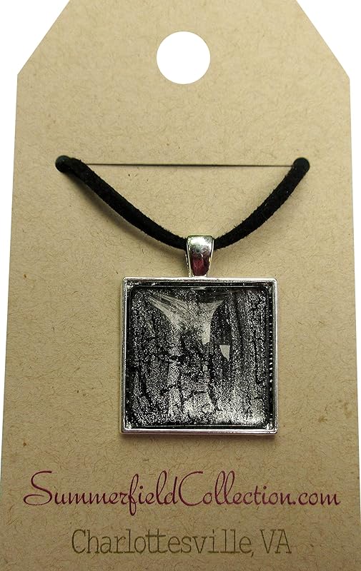Summerfield Collection Silver-tone Black Shattered Shimmer Glass Square Pendant Necklace Faux Suede Cord Hand-painted