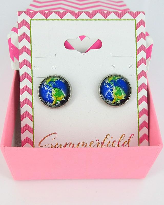 Summerfield Collection Stainless Steel Blue Green Planet Earth World Globe Print Glass Stud Earrings 12mm