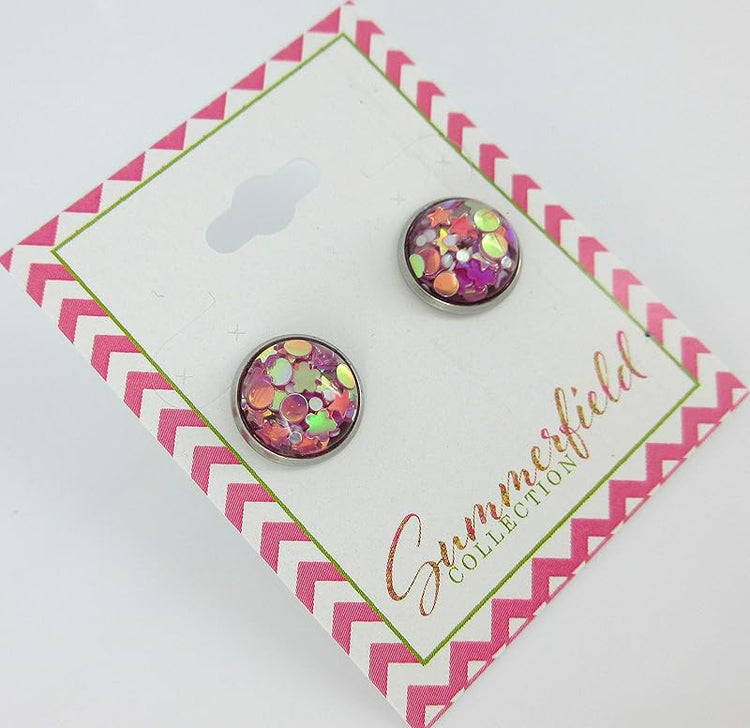 Summerfield Collection Stainless Steel Glitter Resin Globe Stud Earrings 12mm (Magenta)