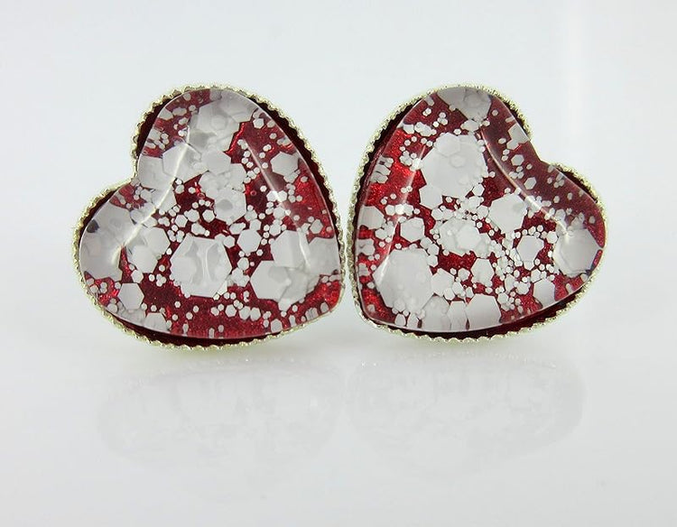 Summerfield Collection Silver-tone Red and White Glitter Glass Heart Stud Earrings Hand-painted