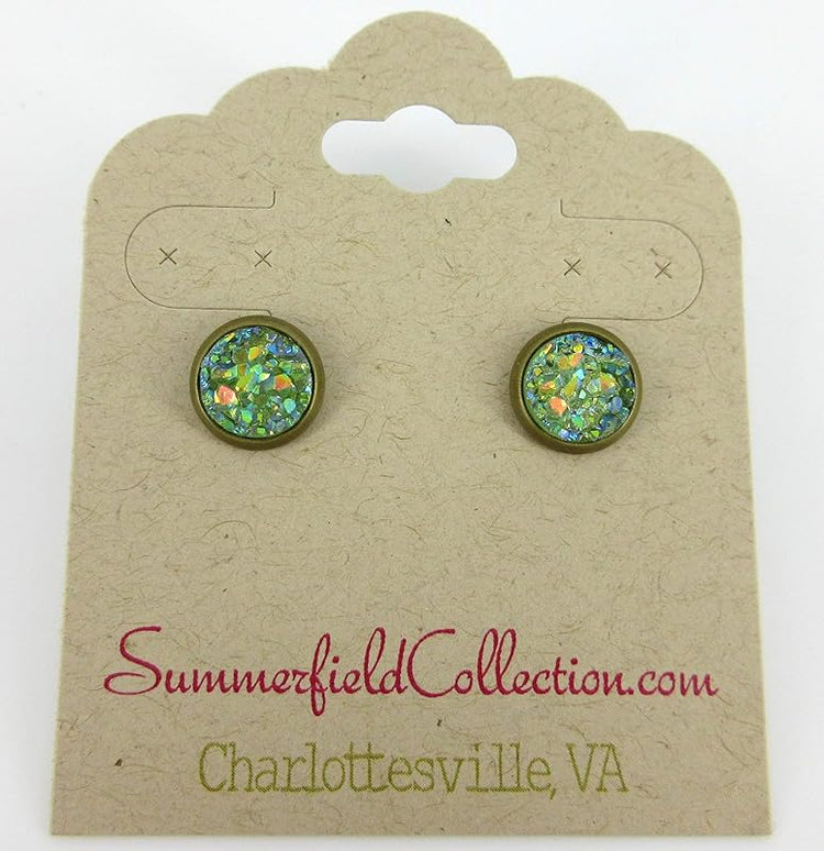 Summerfield Collection Antiqued Gold-tone Pear Green AB Faux Druzy Stone Stud Earrings 8mm