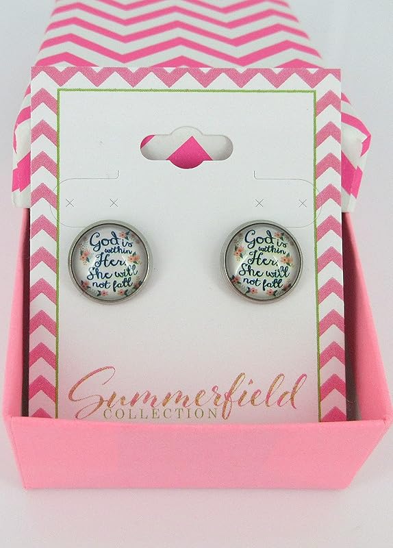 Summerfield Collection Stainless Steel God is WIthin Her She WIll Not Fall Print Glass Stud Earrings 12mm