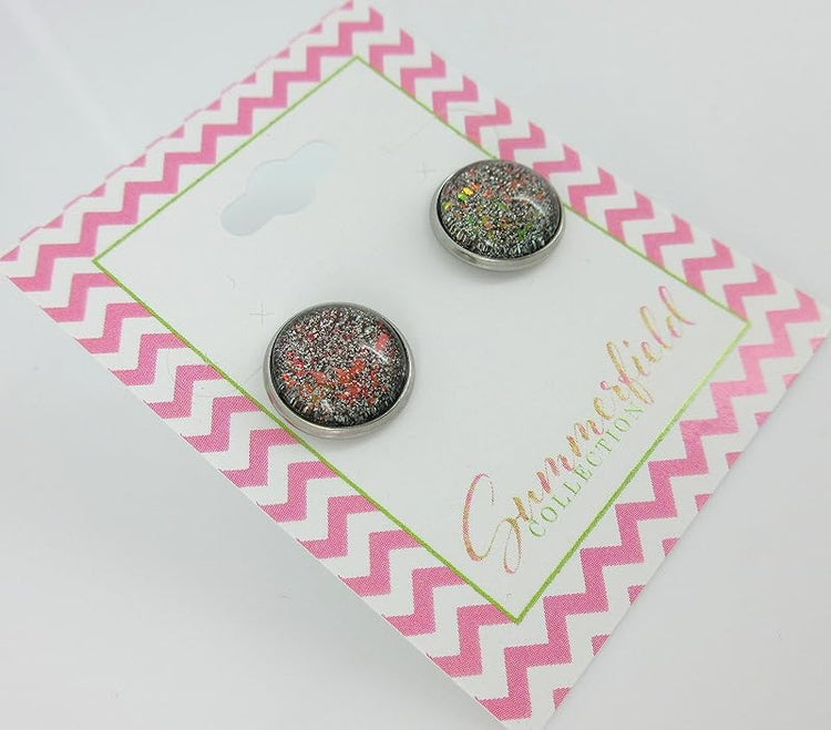 Summerfield Collection Stainless Steel Black with Holographic and Red Glitter Flakes Glass Stud Earrings Hand-painted 12mm