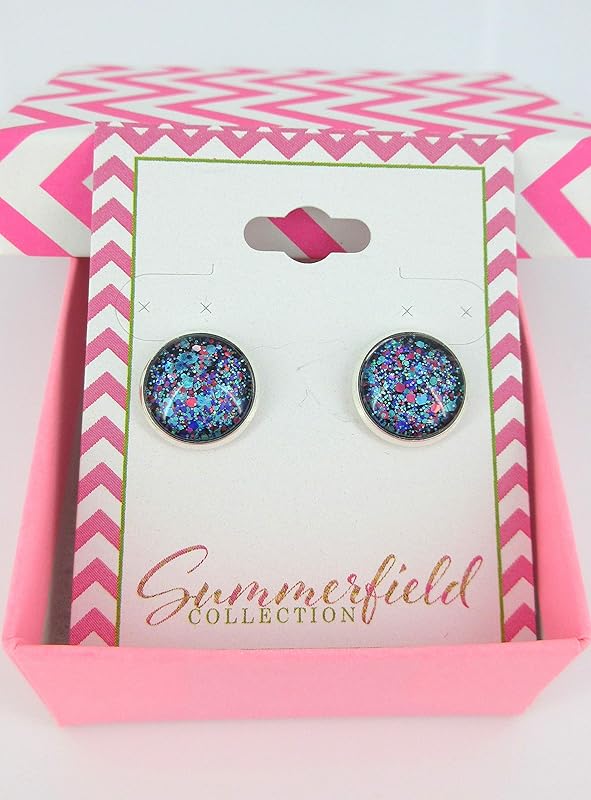 Summerfield Collection Silver-tone Blue Purple Pink Glitter Glass Stud Earrings 12mm Hand-painted