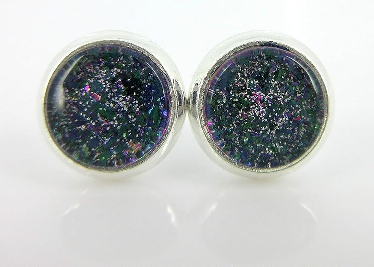 Summerfield Collection Silver-tone Blue Purple Glitter Glass Stud Earrings Hand-painted 8mm