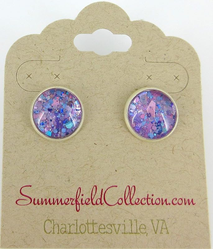 Summerfield Collection Silver-tone Purple Unicorn Mix Glitter Glass Stud Earrings Hand-painted 12mm