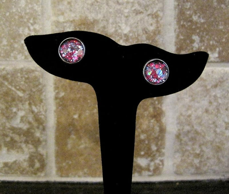 Summerfield Collection Silver-Tone Charcoal Gray and Pink Hexagon Glitter Glass Stud Earrings 12mm