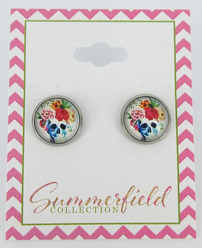 Summerfield Collection Stainless Steel Watercolor Skull with Flowers Printed Glass Stud Earrings 12mm