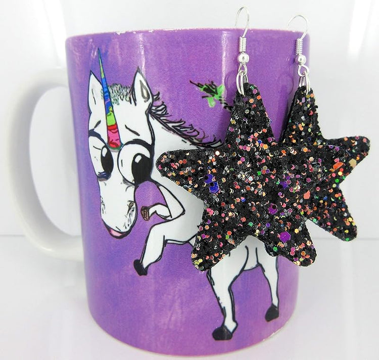 Summerfield Collection Glitter Faux Leather Large Star Dangle Earrings (Black and Rainbow)