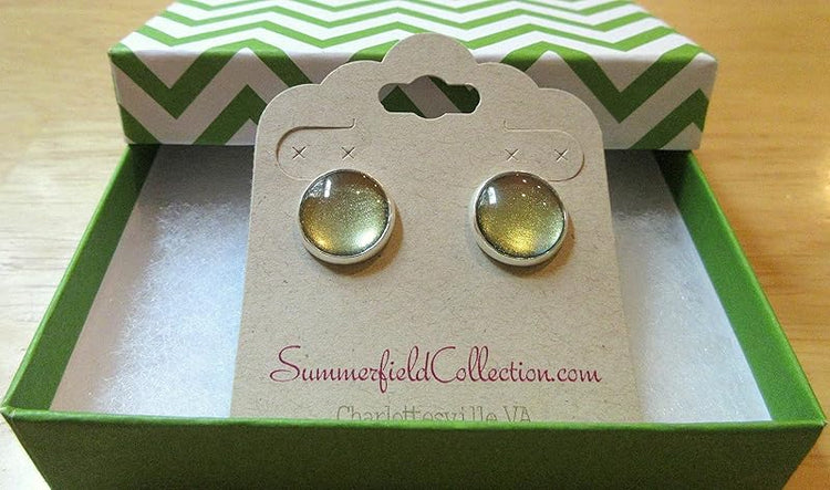 Summerfield Collection Silver-tone Metallic Green and Gold Color Shifting Glass Stud Earrings Hand-painted 12mm