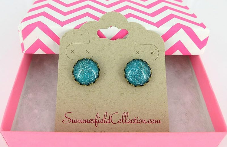 Summerfield Collection Antiqued Gold-tone Teal Blue Green Holographic Glitter Glass Stud Earrings Hand-painted 12mm