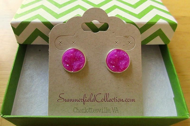 Summerfield Collection Silver-tone Faux Druzy Stone Stud Earrings 12mm (Magenta)