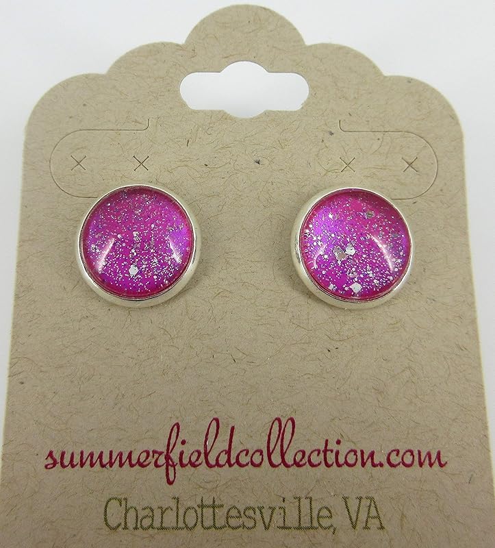 Summerfield Collection Silver-tone Twinkle Glitter Glass Galaxy Stud Earrings Hand-painted 12mm (Magenta Pink)