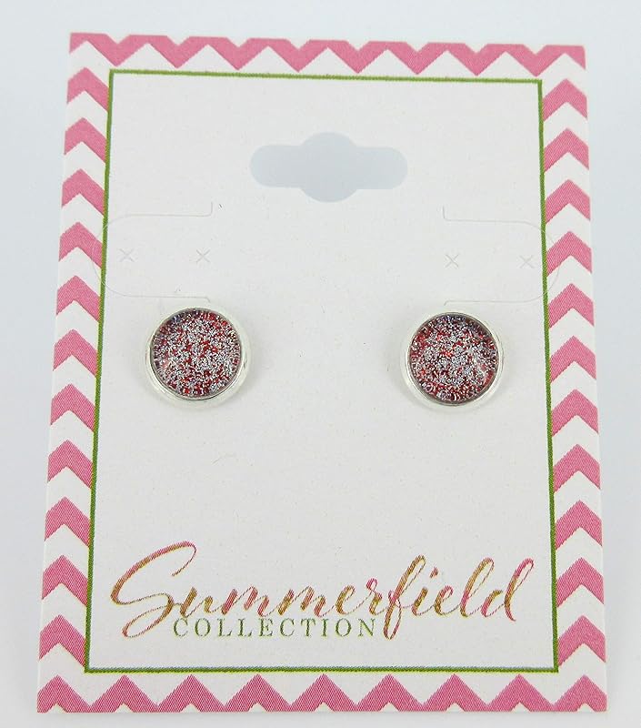 Summerfield Collection Silver-tone Red and Holographic Glitter Glass Stud Earrings Hand-painted 8mm