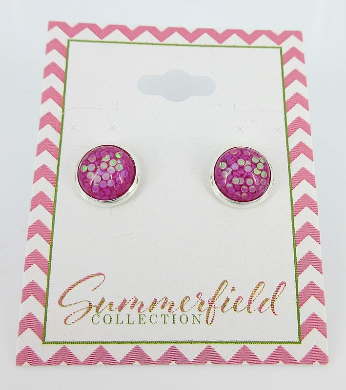 Summerfield Collection Shiny Silver-tone Iridescent Glitter Resin Stud Earrings 10mm (Magenta)
