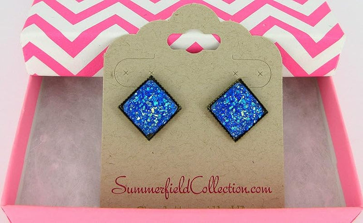 Summerfield Collection Geometric Square Shaped Flat Faux Druzy Stud Earrings 12mm Statement Antiqued Gold-tone (Royal Blue)