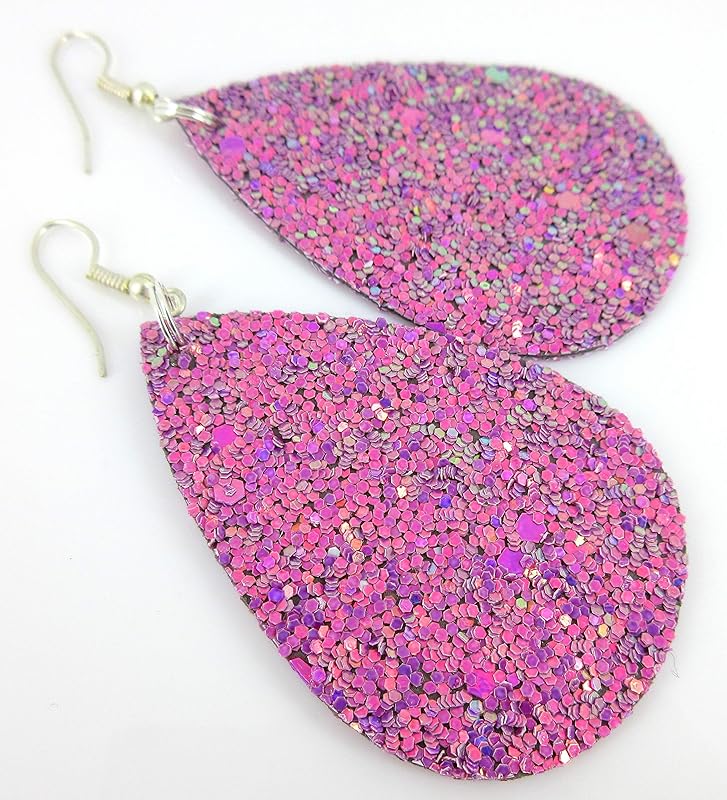 Summerfield Collection Silver-tone Glitter Faux Leather Large Teardrop Dangle Earrings (Magenta)