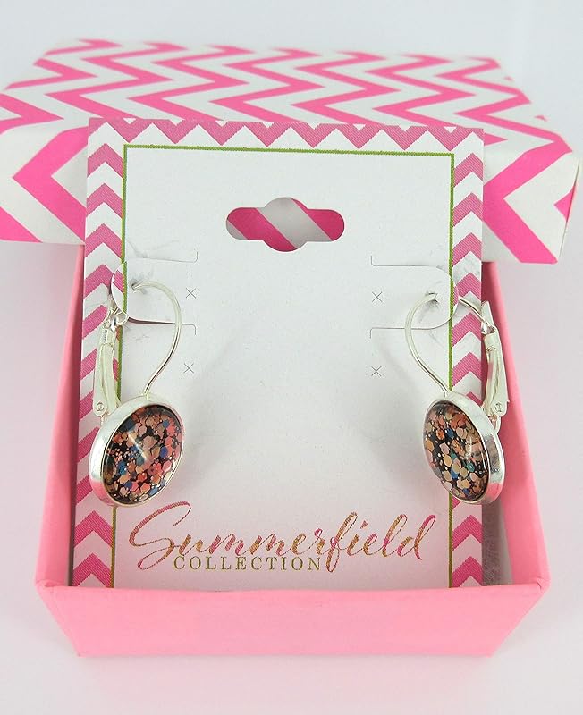 Summerfield Collection Silver-tone Black and Multi-Color Confetti Glitter Glass Lever-back Drop Earrings Hand-painted