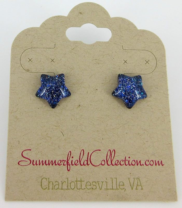 Summerfield Collection Dark Royal Blue Star Shaped Glitter Glass Galaxy Stud Earrings 10mm Hand-painted