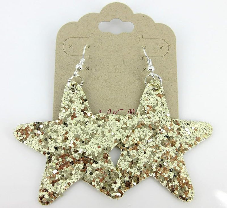 Summerfield Collection Glitter Faux Leather Large Star Dangle Earrings (Gold)