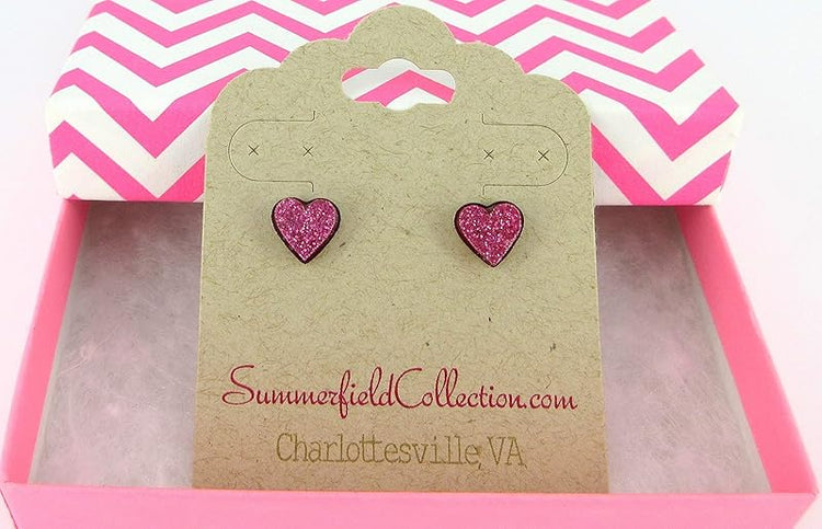 Summerfield Collection Stainless Steel Glitter Acrylic Heart Stud Earrings 8mm (Hot Pink)