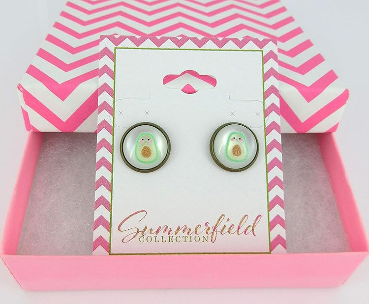 Summerfield Collection Antiqued Gold-tone Fruit Print Frosted Resin Stud Earrings 12mm (Avocado Face)