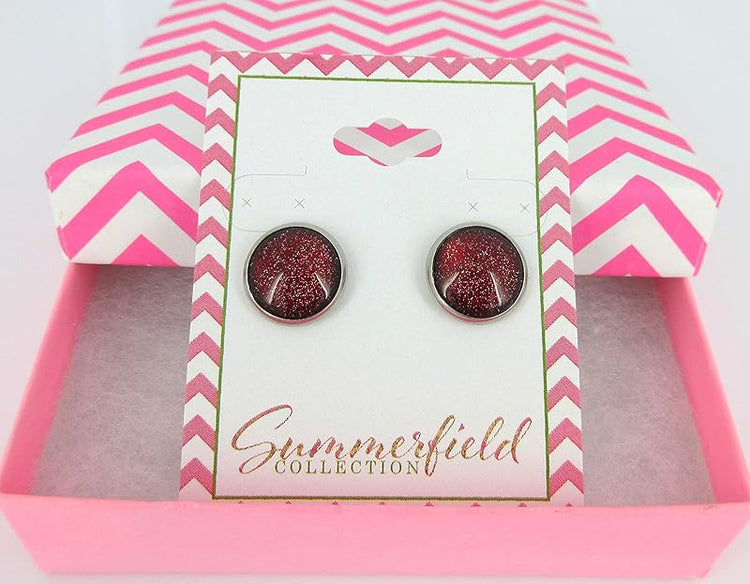 Summerfield Collection Stainless Steel Red with Gold Glitter Glass Stud Earrings Hand-painted 12mm