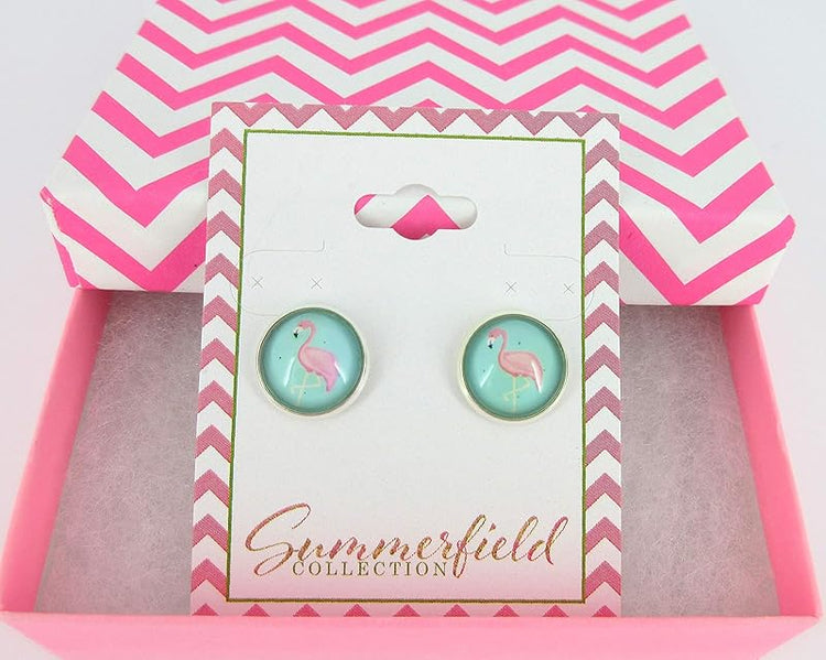 Summerfield Collection Silver-tone Teal Green Blue and Pink Flamingo Print Glass Stud Earrings 12mm