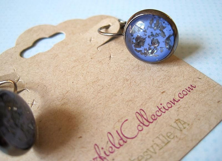 Summerfield Collection Hematite-tone Cornflower Blue Flake Glitter Glass Lever-back Drop Earrings Hand-painted