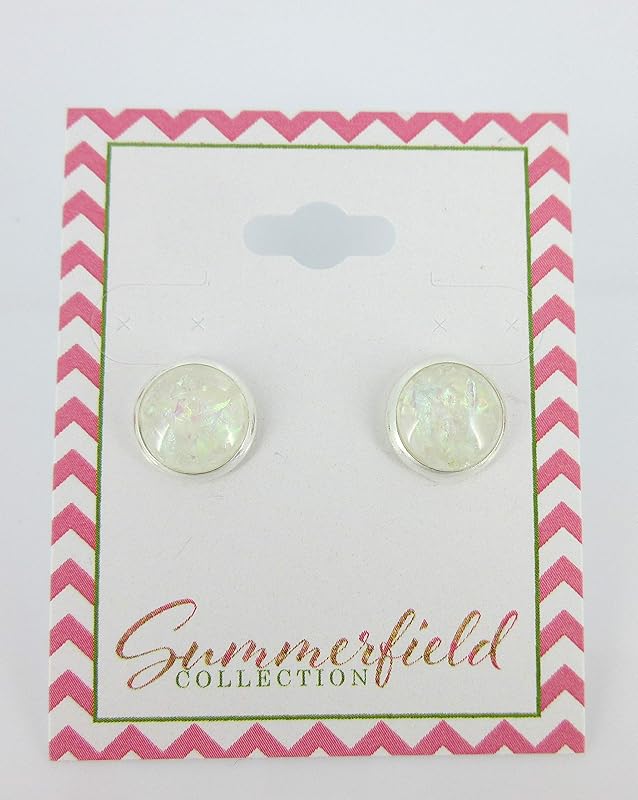 Summerfield Collection Shiny Silver-tone Opalescent Leaf Resin Stud Earrings 10mm (White)