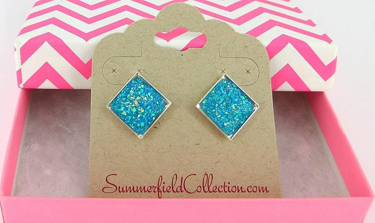 Summerfield Collection Silver-tone Geometric Square Shaped Flat Faux Druzy Stud Earrings 12mm (Aqua Blue)