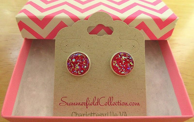 Summerfield Collection Silver-tone Translucent AB Faux Druzy Stone Stud Earrings 12mm (Raspberry)