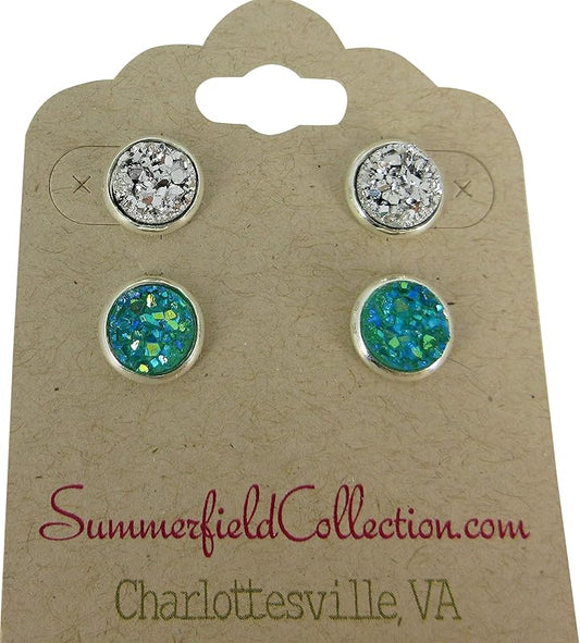 Summerfield Collection Duo Silver-tone Faux Druzy Stone Stud Earrings 8mm Set (Sea Aqua Blue/Silver)