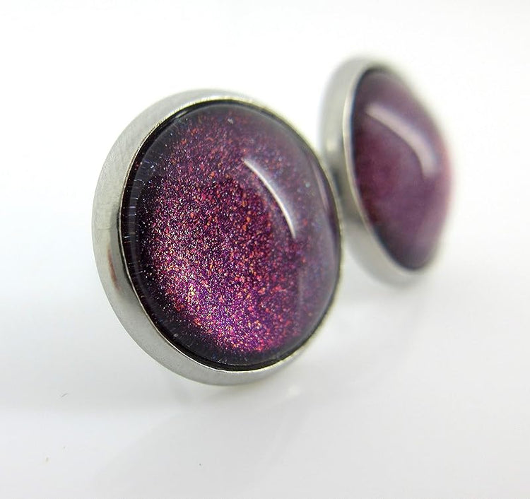 Summerfield Collection Stainless Steel Purple and Red Glitter Glass Stud Earrings Hand-painted 12mm